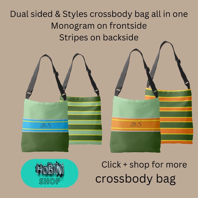 Sac Ajustable teintes orange vert sauge double face bande monogr (Dual sided & styles  crossbody bag  all in one
Monogram on frontside
Stripes on backside)