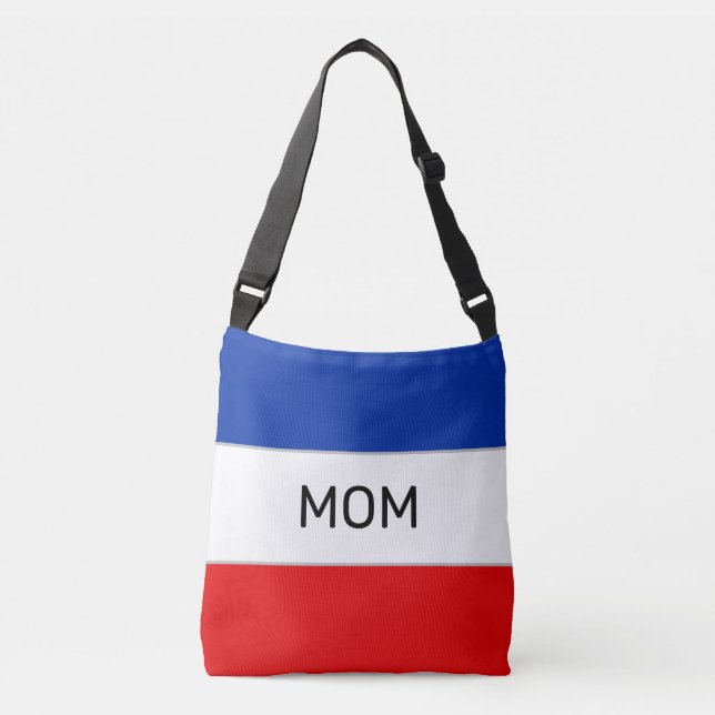 Sac Ajustable Texte de maman modifiable sur bleu rouge et blanc (Devant)