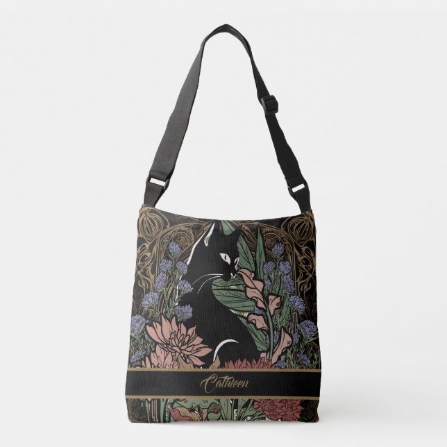Sac Ajustable Tiré Sur Mesure Art Nouveau Chat Noir Avec Fleurs (Devant)