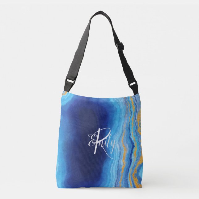Sac Ajustable Turquoise et bleu Agate Marbre Nom Abstrait Monogr (Devant)