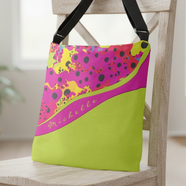 Sac Ajustable Vert Citron Et Abstrait À Points Roses (Cute hot pink and lime with black dots and you can customize the name making this bag fun and unique)