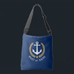 Sac Ajustable Votre nom de bateau Ancre Gold Style Laurel Blue<br><div class="desc">Un sac fourre-tout de carrosserie élégant avec votre nom personnalisé, nom de bateau ou autre texte souhaité. Dispose d'une ancre de bateau nautique conçue sur mesure avec des feuilles de laurier de style or et étoile sur bleu marine. Customisez facilement la couleur de base pour correspondre à votre décoration ou...</div>