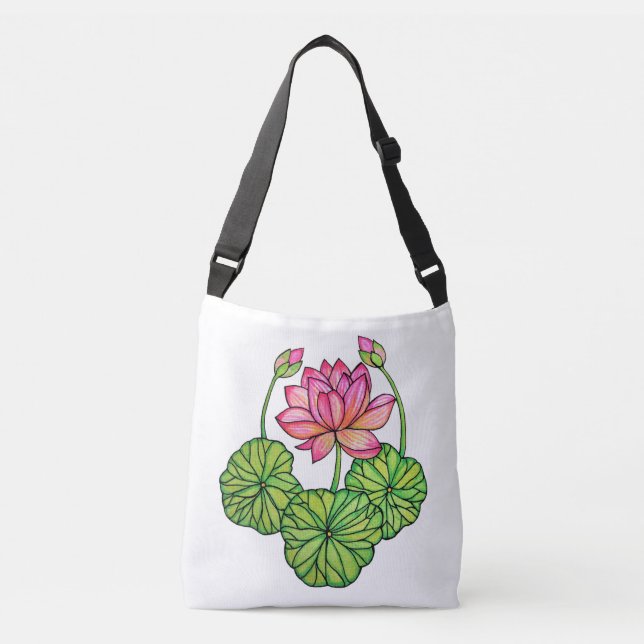 Sac Ajustable Watercolor Pink Lotus with Buds & Leaves (Devant)