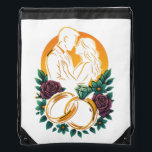 Sac Avec Cordons Élégant mariage couple Sac fourre-tout de ceinture<br><div class="desc">Célébrez l'amour dans le style avec ce magnifique sac Drawstring à thème mariage haute résolution avec une silhouette romantique de couple encadrée par des fleurs florales vibrantes, des anneaux dorés et une pierre de taille radiante. Conçu dans un style vectoriel audacieux et semi-réaliste, cette oeuvre d'art captivante s'affiche sur des...</div>