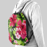 Sac Avec Cordons Fleurs d'Hibiscus tropicaux<br><div class="desc">Aquarelle feuille et fleurs hawaïennes tropicales avec ou sans votre nom en lettres chic.</div>