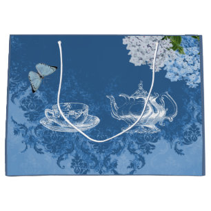 Sac bleu de cadeau de damassé d'hortensia vintage