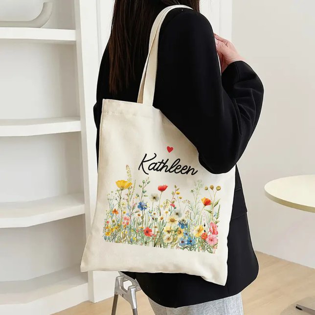Sac cabas à fleurs personnalisé pour Maman, demois (wildflowers tote bag, floral tote for women, gift for mom, bridesmaid gift, bridesmaid proposal bag)