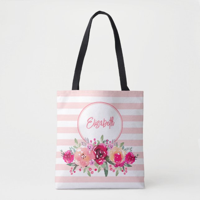 Sac cabas à monogramme à fleurs aquarelles sur ray (Devant)