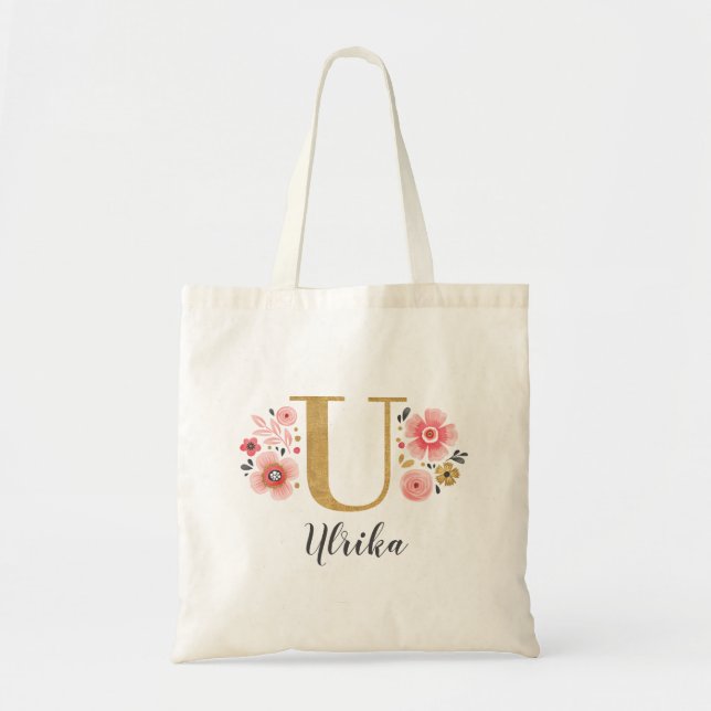 Sac cabas à monogramme floral or rose Lettre "U" (Devant)