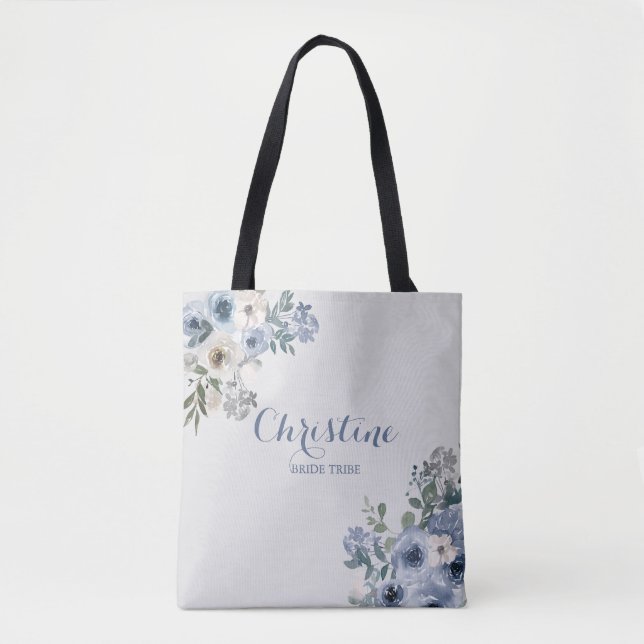 Sac cabas bleu poussiéreux à motif floral blanc po (Devant)