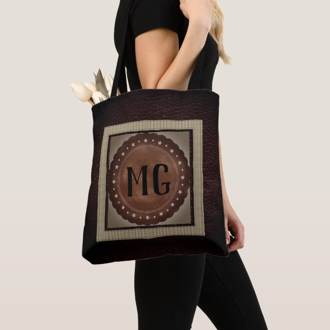 Sac cabas en cuir marron moderne monogramme (De près)