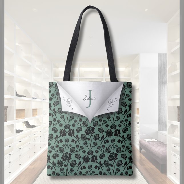 Sac cabas monogramme vert chic et rose noir (Chic Green and Black Rose Monogram Tote Bag)