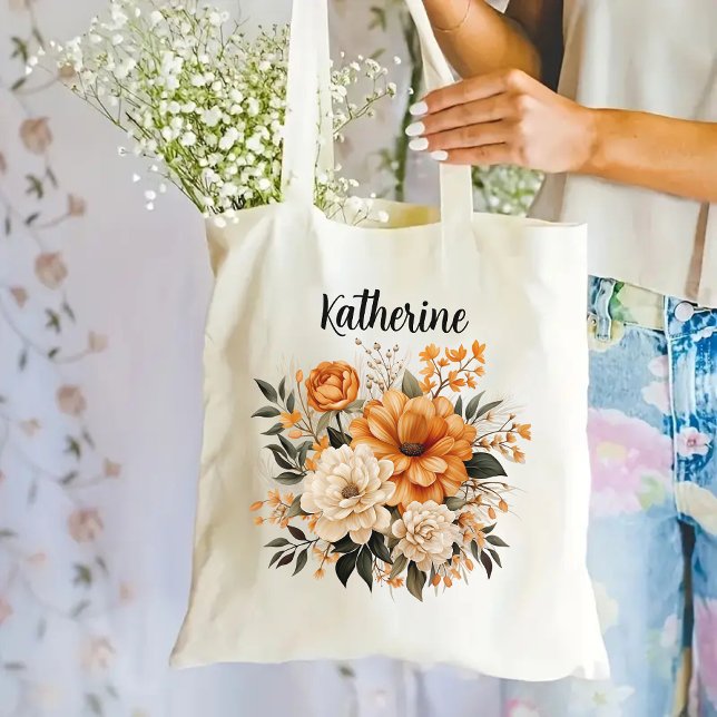 Sac cabas personnalisé avec fleurs pour elle, demo (floral tote bag, custom name tote, personalized tote, bridesmaid tote bag, bachelorette gift bag)