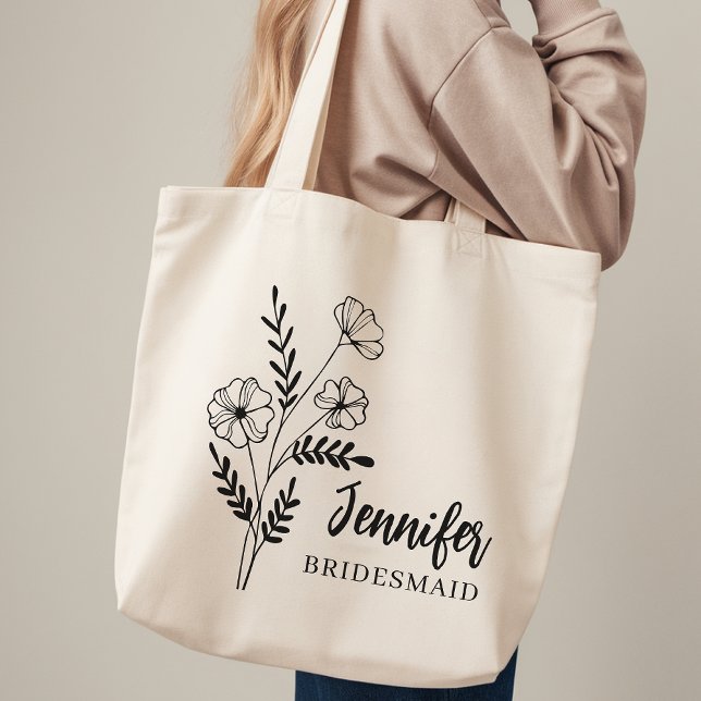 Sac cabas personnalisé avec fleurs pour la mariée  (Floral Wedding Tote Bag for Bride Squad, Personalized  Minimalist Floral Bridesmaid Tote bag for her)