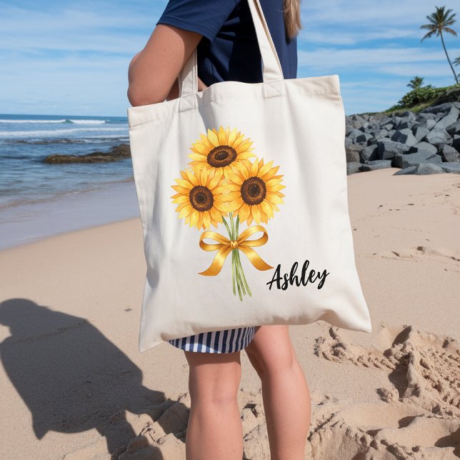 Sac cabas personnalisé tournesol pour femmes, demo (sunflower tote bag, custom name gift, bridesmaid tote bag, floral tote, botanical tote bag,)
