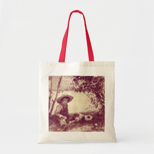 Sac Cabas Vintage Garçon au repos avec Chien (Devant)