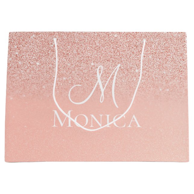 Sac cadeau à monogramme rose bébé pailleté pour do (Devant)