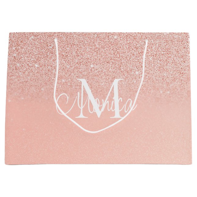 Sac cadeau à monogramme rose bébé pailleté pour do (Devant)