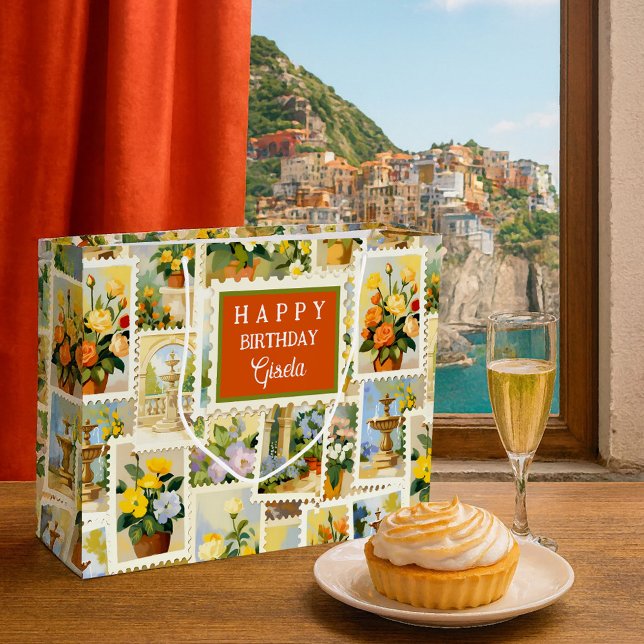 Sac Cadeau à Motif de Fête Italien (Large gift bag featuring a whimsical illustration of flowers and fountains in Italian style)