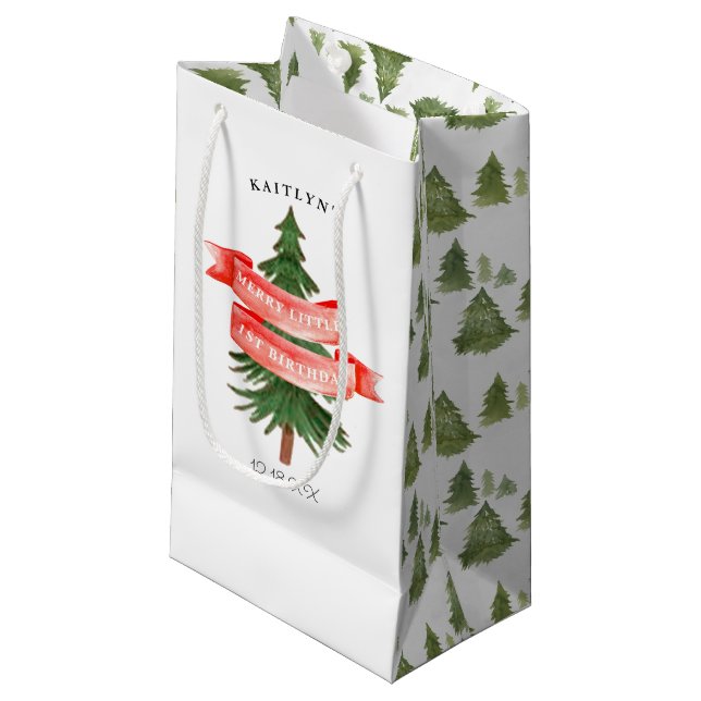 Sac Cadeau Aquarelle Pine Arbre Joyeux Petit Anniversaire (Devant Angle)