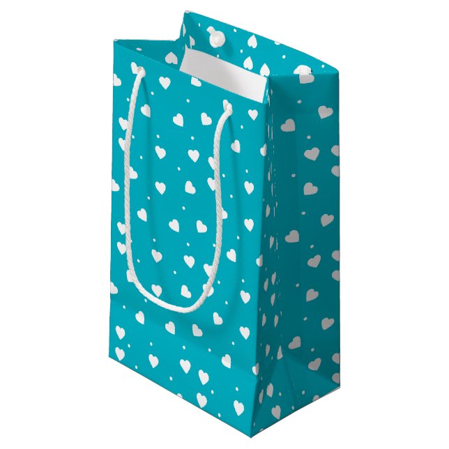 Sac cadeau aux Coeurs blancs et turquoise (Devant Angle)