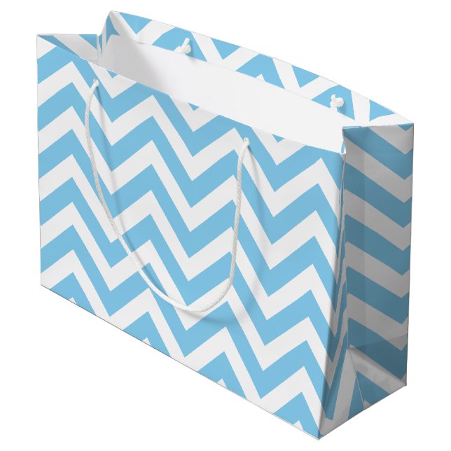 Sac Cadeau Bébé Bleu et Blanc Grand Taille Horizontal Chevron (Dos Angle)