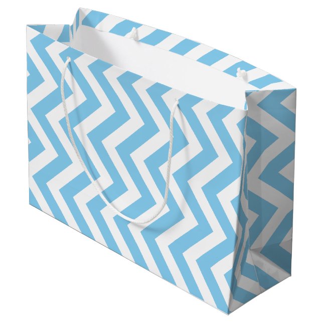 Sac Cadeau Bébé Bleu et Blanc Grand Taille Vertical Chevron (Dos Angle)