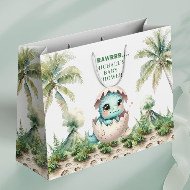 Sac Cadeau Bébé Dino Naîtra Bientôt Thème de Baby  (Hatching Soon Baby Dino Gift Bag Shower Theme)