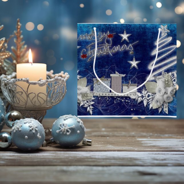 Sac Cadeau Bleu et Blanc Joyeux Noël avec Roses (Créateur téléchargé)