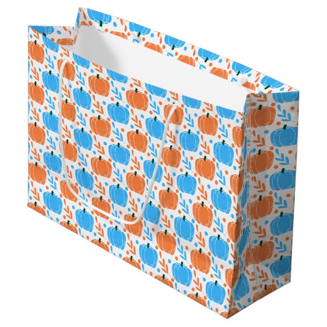 Sac Cadeau Blue Orange Fall Citrouille Feuille Motif Grand ca (Devant Angle)