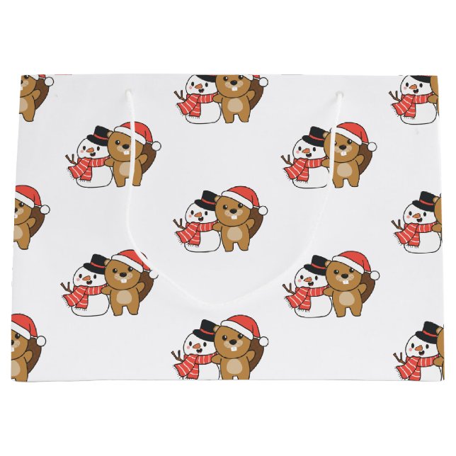 Sac Cadeau Castor Avec Snowman En Hiver À Noël Grand G (Devant)
