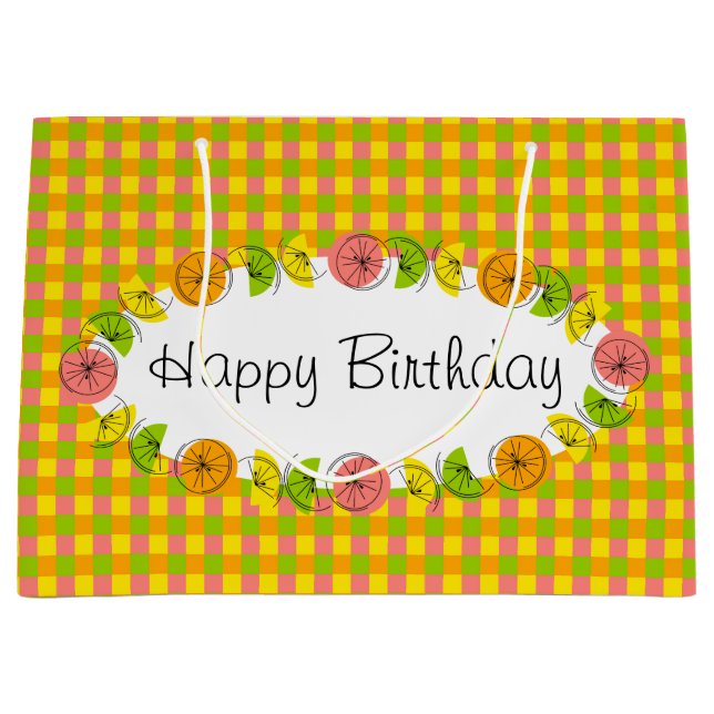 Sac Cadeau Citrus Oval Check Joyeux Anniversaire grand (Devant)