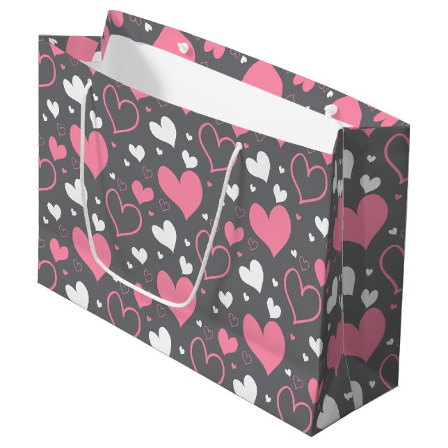 Sac cadeau Coeurs rose et gris (Devant Angle)
