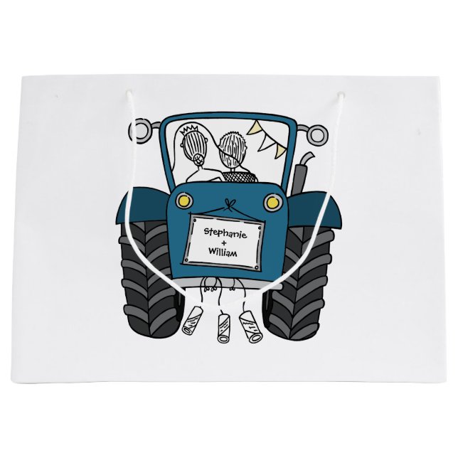 Sac cadeau de Mariage campagnard de tracteur bleu  (Devant)