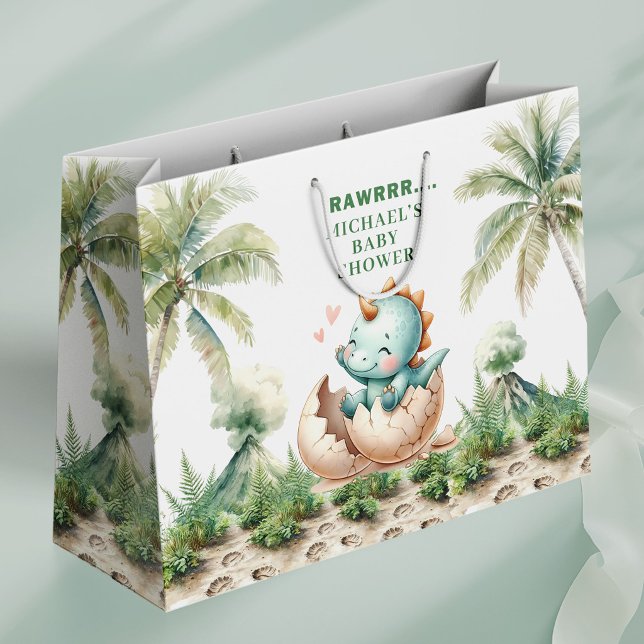 Sac Cadeau de Naissance Bébé Dino Rugissant Bientô (Roaring Baby Dino Shower Gift Bag Hatching Soon)