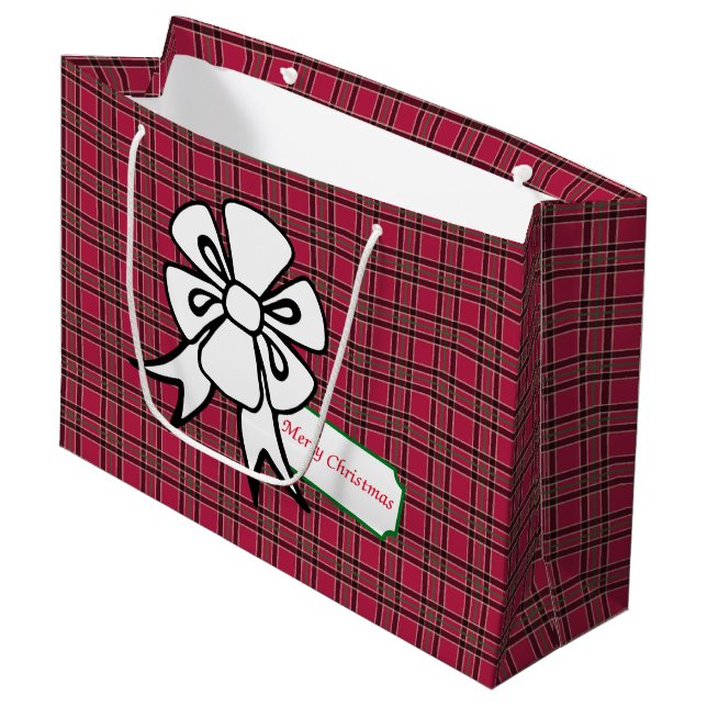 Sac cadeau de Noël blanc Bow Red Plaid (Devant Angle)
