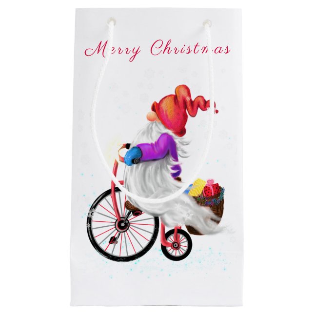 Sac cadeau de Noël Gnome avec vélo et cadeaux (Devant)