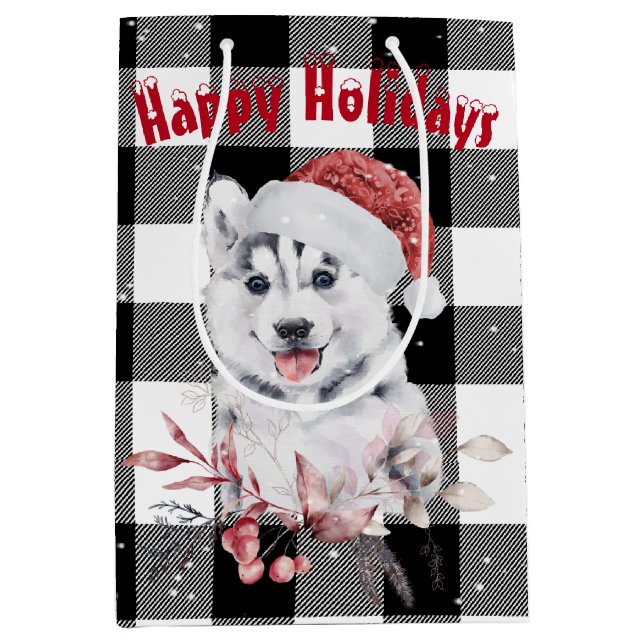 Sac cadeau de Noël Husky sur Buffalo plaqué moyen (Devant)