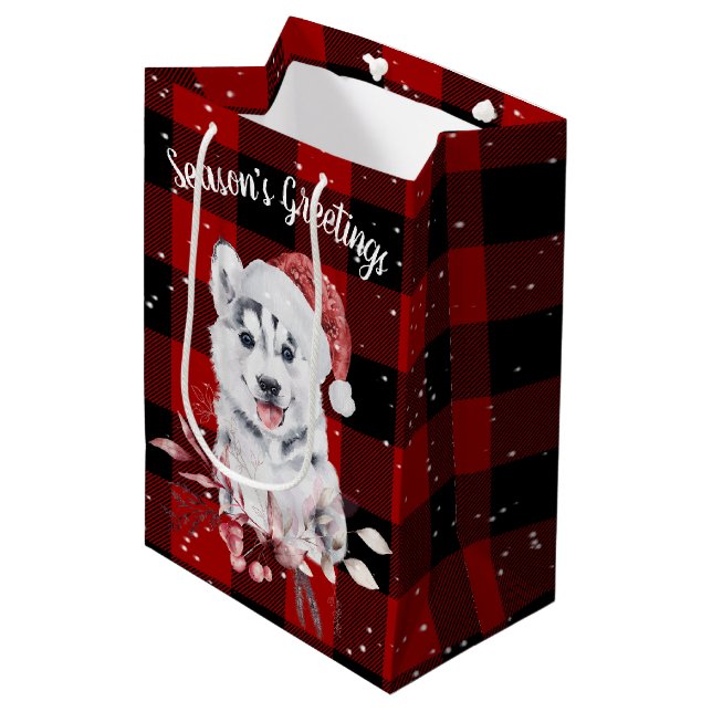 Sac cadeau de Noël Husky sur Buffalo plaqué moyen (Devant Angle)