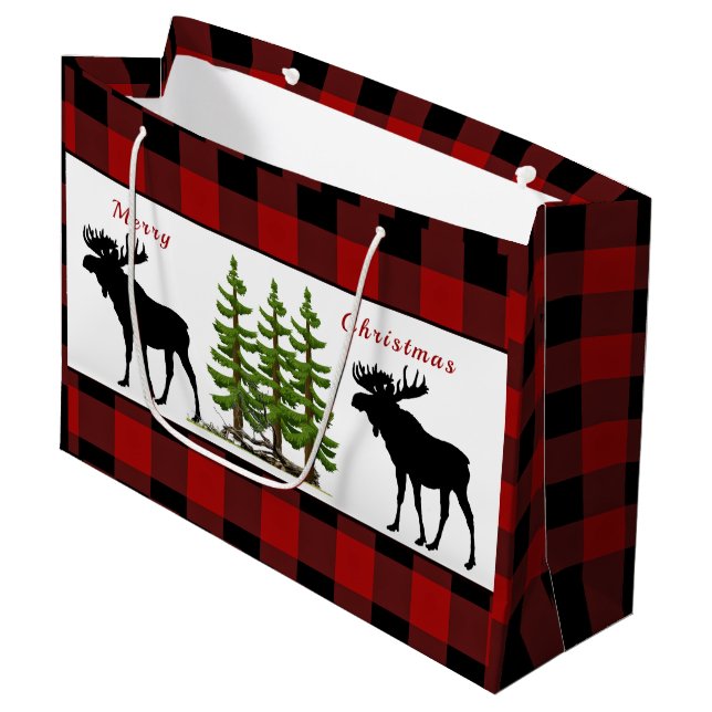 Sac cadeau de Noël Red Buffalo Plaid avec orignal (Devant Angle)
