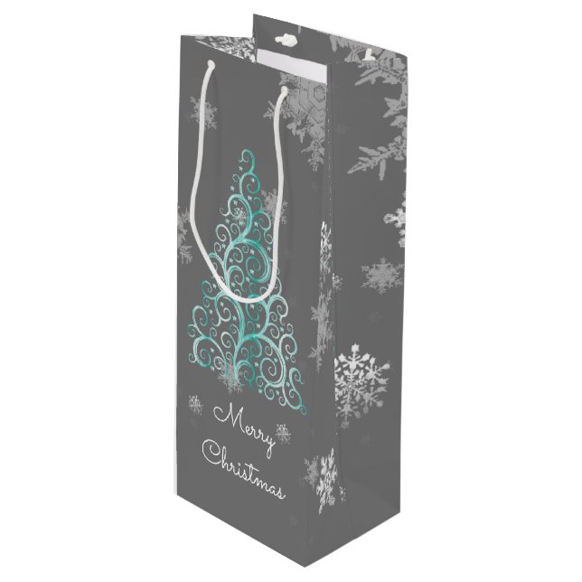 Sac cadeau de Noël turquoise Arbre et Snowflakes (Devant Angle)