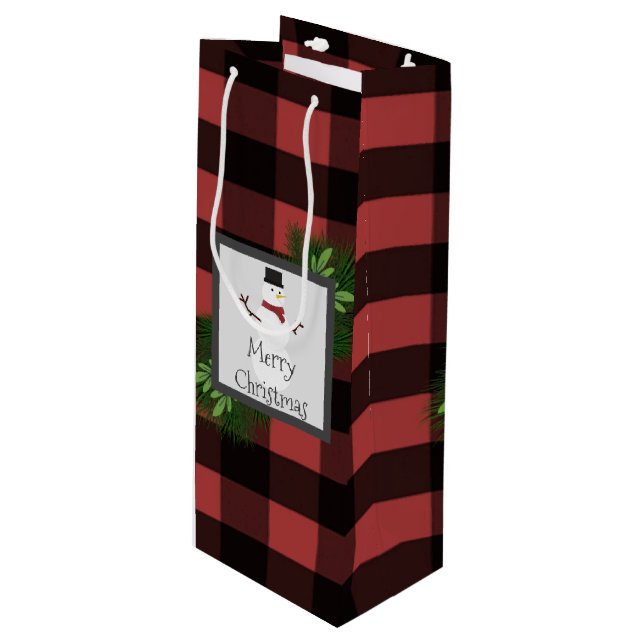 Sac cadeau de vin de Snowman Red Buffalo (Devant Angle)