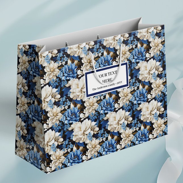 Sac Cadeau Élégant Fleurs Bleu Marine Tendance (Trendy Navy Blue Floral Stylish Gift Bag)