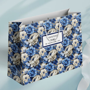 Sac Cadeau Élégant Fleurs Bleu Nuit Luxe Ivoire