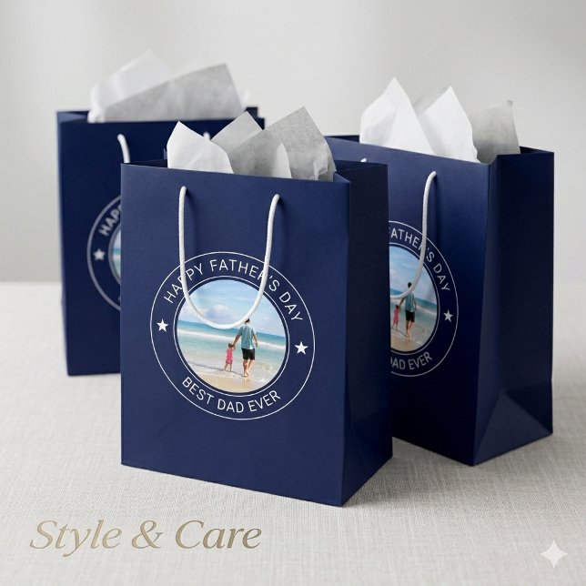 Sac Cadeau Fête des Pères Navy Moyen Style Classiq (Classic Style Fathers Day Navy Medium Gift Bag)