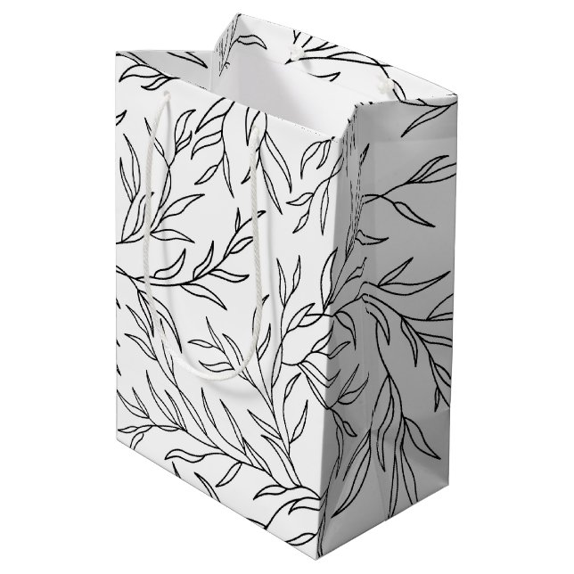 Sac cadeau Feuille élégant noir et blanc moyen (Dos Angle)
