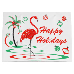 Sac Cadeau Flamant rose de Noël rouge Joyeux vacances grand