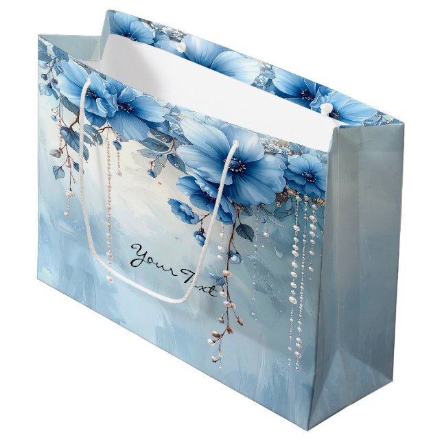 Sac Cadeau Fleurs Bleues et Perles (Devant Angle)