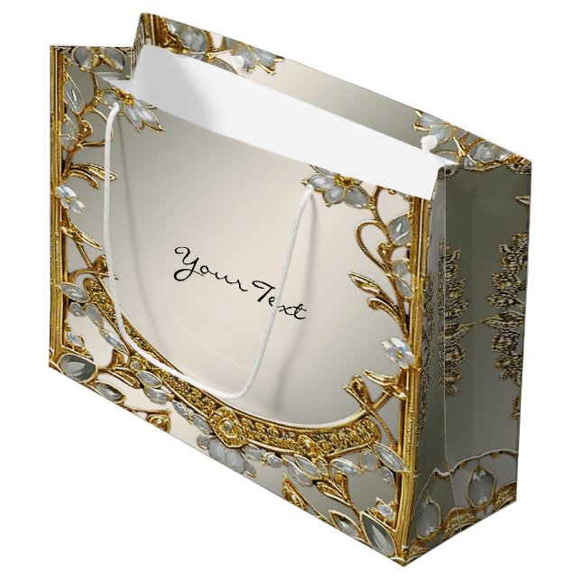 Sac cadeau floral blanc orné d'or (Devant Angle)