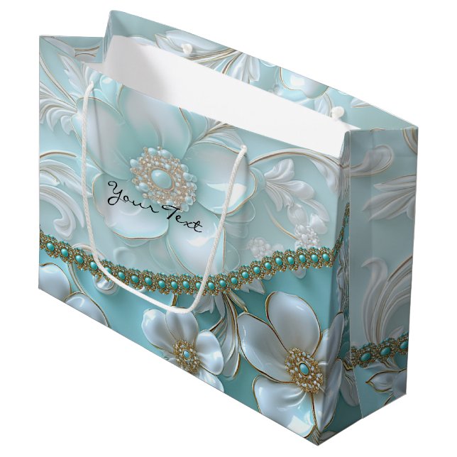 Sac cadeau floral blanc sarcelle (Devant Angle)